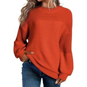 Women's Orange Crewneck Long Sleeve Jumper Sweaters Tops Loose Knit Pullover